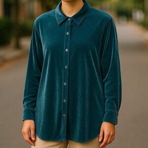 Soft Surroundings Velvet Boyfriend Shirt Teal Whimsigoth Heritage Holiday Fall-M